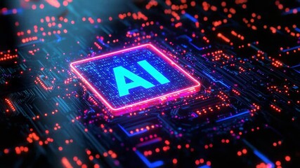 Glowing neon AI chip integrated into a futuristic motherboard with high-tech circuits, representing artificial intelligence, data processing, and advanced machine learning in digital computing systems - Powered by Adobe