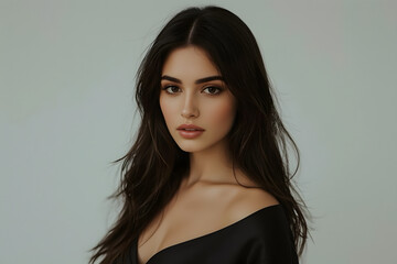 Naklejka premium A stunning Eastern woman with captivating almond-shaped eyes, thick dark hair and smooth, velvety skin