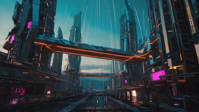 Futuristic city with glowing digital bridge and towering skyscrapers under a twilight sky, featuring neon highlights and cyberpunk aesthetics for sci-fi, tech, and digital urban innovation themes.