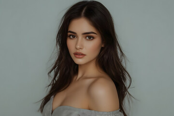 Fototapeta premium A stunning Eastern woman with captivating almond-shaped eyes, thick dark hair and smooth, velvety skin