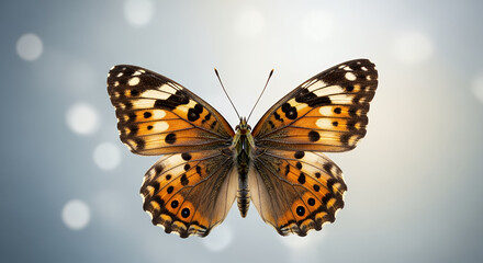 Obraz premium A vibrant butterfly with orange, brown, and black patterned wings is centered against a soft, blurred background of white bokeh lights.