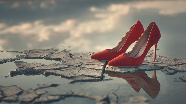 Red High Heels Delicately Placed On A Riverfront