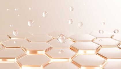 Golden Hexagonal Skin Cell Structure with Hydrating Droplets – Luxury Skincare Background
