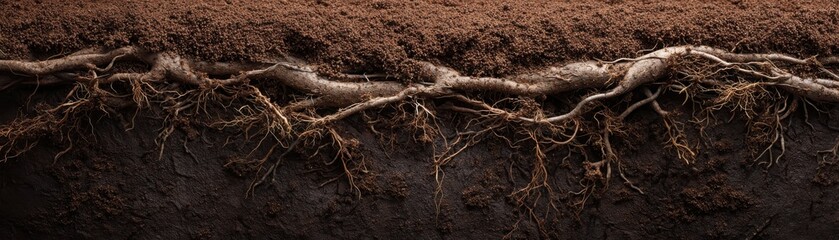 A panoramic close-up of intertwined tree roots spreading through dark soil, highlighting natural underground growth and organic texture.