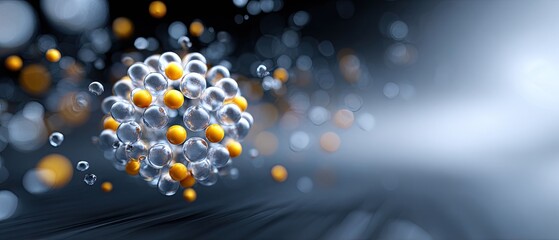 molecule nanoparticle concept. Abstract representation of atoms with colorful particles and blurred lights in a scientific theme.