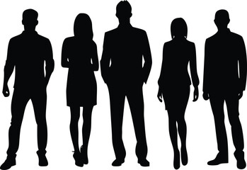Silhouette Five Standing People, Business Attire, Black Figures Against White Background