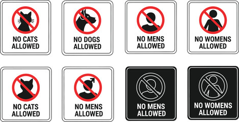 No pets allowed signs vector collection: no cats, no dogs, no mens, no womens allowed signs design
