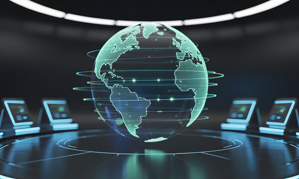 Futuristic Control Room with Holographic Earth Globe and Digital Screens, Global Communication & Data Technology Concept - Powered by Adobe
