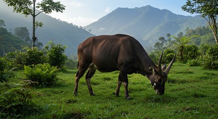 An endangered Lowland Anoa grazing on a grassy field. A concept of Southeast Asian wildlife in its natural habitat with lush forests and mountains.