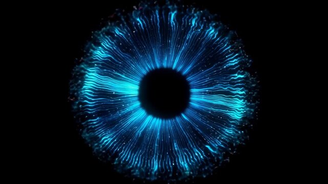 Futuristic glowing blue iris, sci-fi eye resembling biometric scan interface with neural lines, ideal for AI, cyber technology, visual recognition, data access and sci-fi digital identity concept
