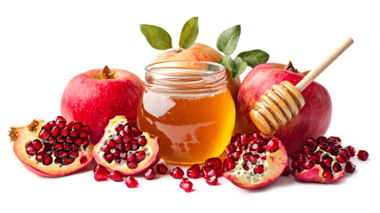 A jar of honey sits on a table with a bowl of fruit, including apples and pomegranates