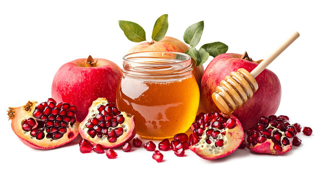 A jar of honey sits on a table with a bowl of fruit, including apples and pomegranates