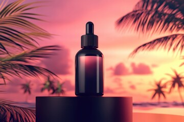 Fototapeta premium Dark glass bottle displayed on a pedestal against a sunset backdrop.