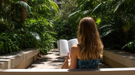student reading paperback textbook in peaceful campus garden setting