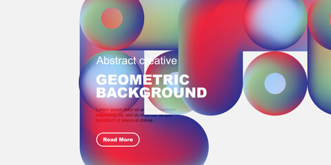Fototapeta premium Vibrant geometric shapes overlap, creating modern abstract background. Text promotes content with read more button.