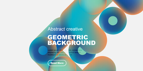 Abstract geometric background features vibrant blue, orange hues. Text overlay includes sample content, button for more information. Modern design.