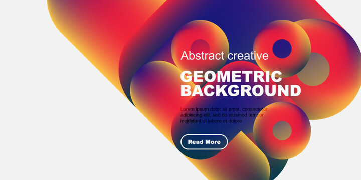 Vibrant abstract shapes overlap, creating dynamic colorful background. Text promotes geometric design, includes call to action.