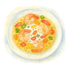 Watercolor Illustration of a Shrimp and Vegetable Rice Dish,clipart, cut out, no background ,PNG die-cut for advertising