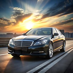 Naklejka premium Black luxury sedan driving on highway at sunset automobile