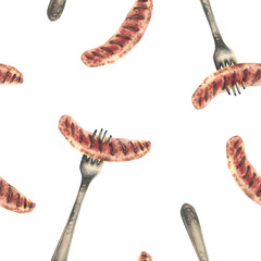 Sausage on fork seamless pattern. German grilled meat appetizer. Hand painted watercolor food snack illustration for restaurant, Oktoberfest menu, eat packaging, labelling isolated from background