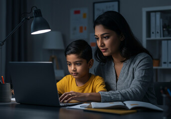 A mother helps her young son with his homework on a laptop computer at a desk illuminated by a lamp in a dimly lit room.