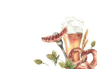 Glass of Beer with pretzel and sausage on fork, spikes of malt and hops. Germany Drink and food. Oktoberfest festival menu, card template. Watercolor hand drawn illustration isolated from background.