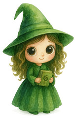 Adorable Cartoon Witch in Green Dress Holding Book,clipart, cut out, no background ,PNG die-cut for advertising