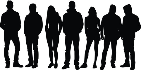Silhouette of Seven People Standing Together Wearing Casual Clothes Isolated on White Background