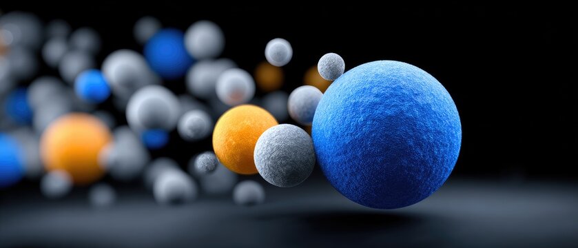 molecule nanoparticle concept. Abstract digital representation of colorful spheres in motion against a dark background.