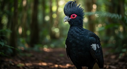 Striking Portrait of a Black Crested Bird in Lush Forest Habitat