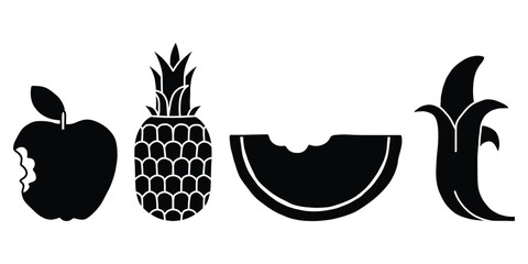 Silhouette Fruit Icons Cartoon Apple, Pineapple, Watermelon, Banana Vectors