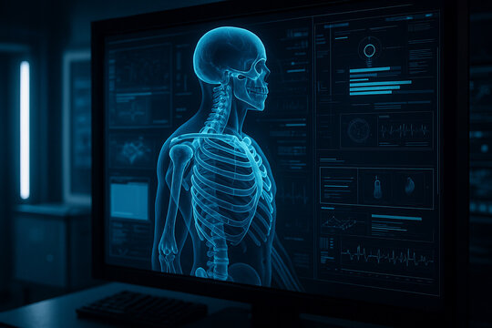 AI generated ultra detailed lateral skeleton scan with digital analysis UI in a futuristic medical environment with glowing blue tones