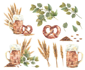 Pint of Beer set. Beer mugs with pretzel, hops and malt brewing ingredients. Hand painted Natural foamy beverage for drink menu, brewery label. Watercolor isolated clipart set make your own