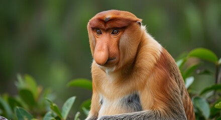 A wild male proboscis monkey with its distinctive large nose, resting among the green foliage of a rainforest.