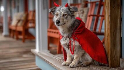 Dog in devil costume with small holiday concept