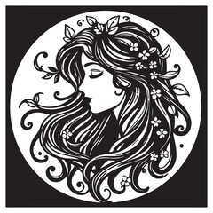 Elegant black and white illustration of a woman s profile with flowing hair and flowers