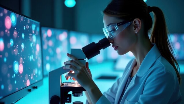Female scientist using digital microscope in modern lab with glowing molecular models and soft light, ultra-detailed and futuristic. - Powered by Adobe