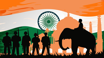 Vibrant India Remembering sacrifice with soldiers and an elephant ride in sepia silhouette and flag