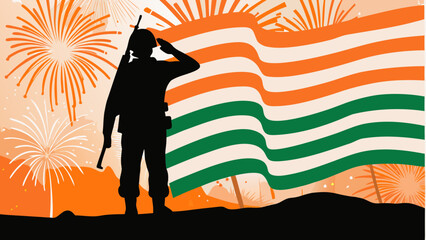 Honoring Indian Independence Day Soldier salutes the flag amid vibrant fireworks and patriotic