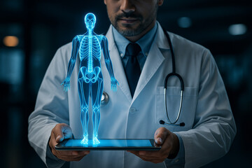 AI generated ultra realistic image of a doctor holding a glowing full body skeleton hologram in a futuristic medical setting with advanced diagnostic interface