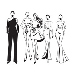 Five elegant fashion sketches of women in stylish dresses and outfits on a white background