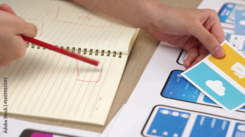 Poster startup company employee planning for user interface prototype for mobile application or website in 