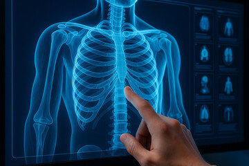 AI generated high detail digital chest scan shows ribcage and spine with human finger interacting medical data in futuristic diagnostic interface