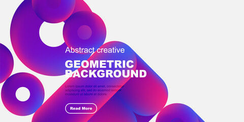 Naklejka premium Abstract geometric shapes, vibrant purple hues, black background. Text promotes creative design, includes call to action button.