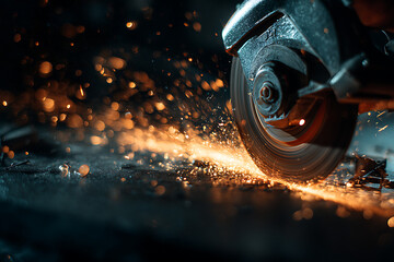 Industrial Circular Saw Cutting Metal with Sparks Flying – Dramatic Low-Angle View in Dark Workshop Setting for Manufacturing and Heavy-Duty Equipment Themes

