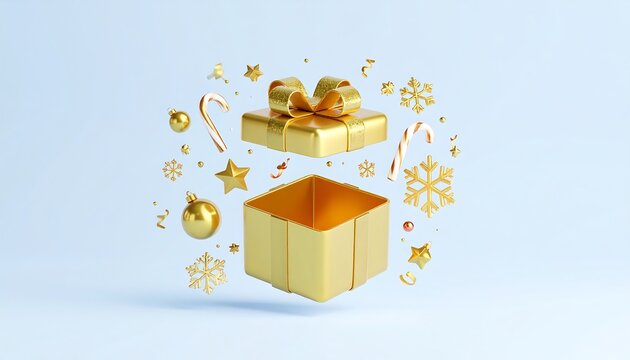 Open gold gift box with festive decorations - Powered by Adobe