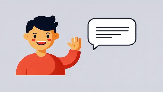 Cartoon character waving hello with a speech bubble, set against a simple light background