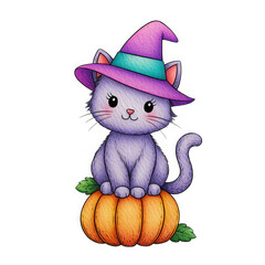 Cute Purple Cat in Witch Hat on Orange Pumpkin,clipart, cut out, no background ,PNG die-cut for advertising