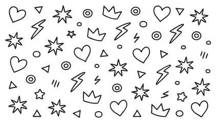 Black outline hearts stars lightning bolts crowns circles triangles