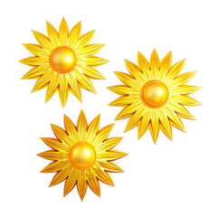 Three golden sunflowers with detailed petals and shiny centers isolated on transparent background